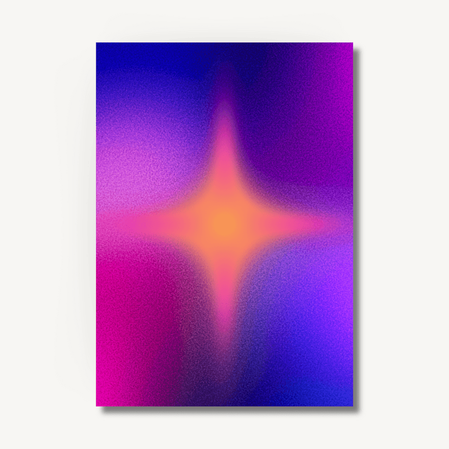 Colourful star aura with a pink and blue gradient background. Image on an off white background with a drop shadow to show that it’s an art print.