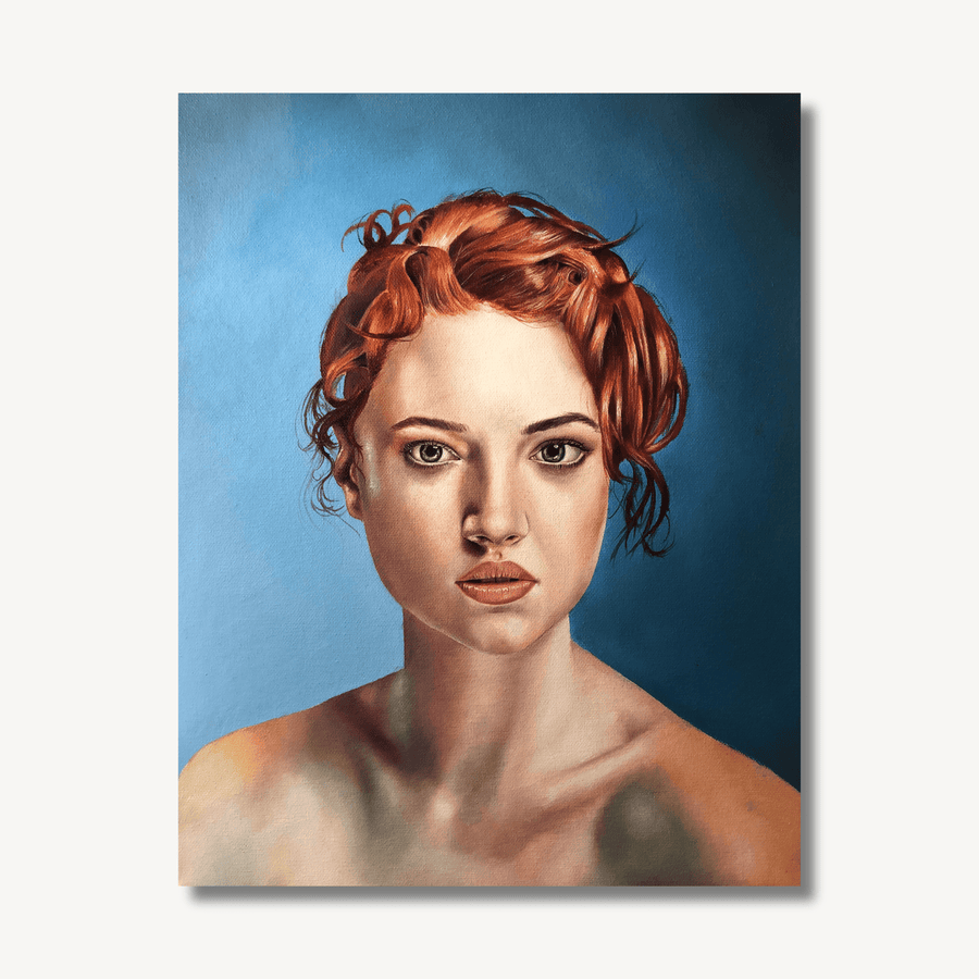 Oil painting of a young white woman with plaited red hair, with bare shoulders and décolletage, against a blue background.