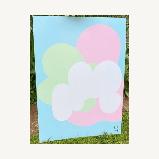 Art print of digital abstract artwork in pale blue, pink and green.