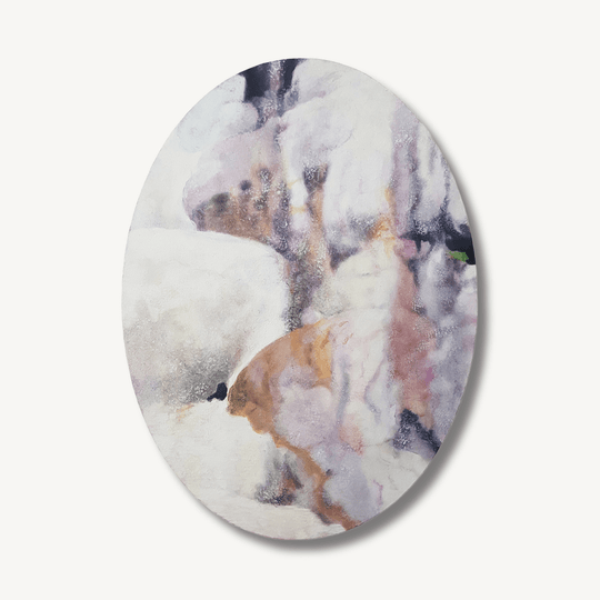 An abstract oil painting on a small oval canvas of the calcified waterfall and hot springs at Bagni San Filippo, Italy. Depicting a solid white cascade that resembles snow or ice in form, streaked with peach and pink.