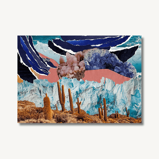 Collage art print by Esme Rose Marsh, featuring torn blue and coral paper, photos of the sea, ice glaciers, cacti in the desert and pink and blue crystals. Image has a drop shadow to highlight that it’s a print.