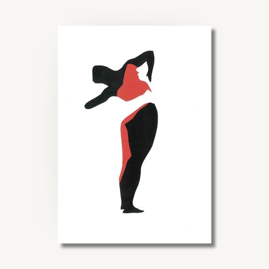 Paper collage of a woman’s figure, using cut out black and red paper on a white background.