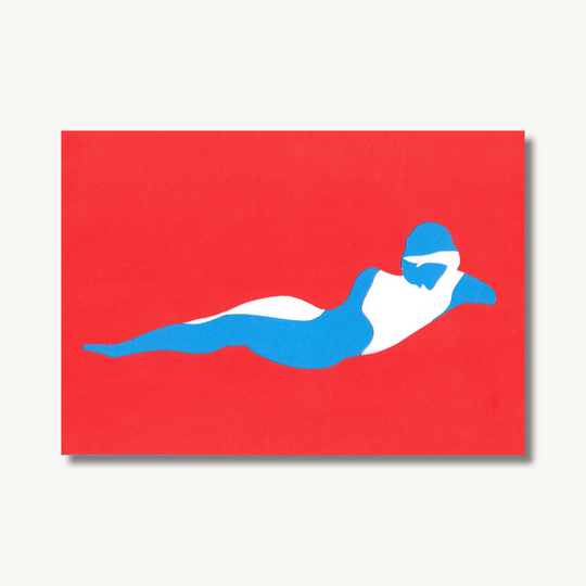 Paper collage of a woman’s figure, using cut out blue and white paper on a red background.