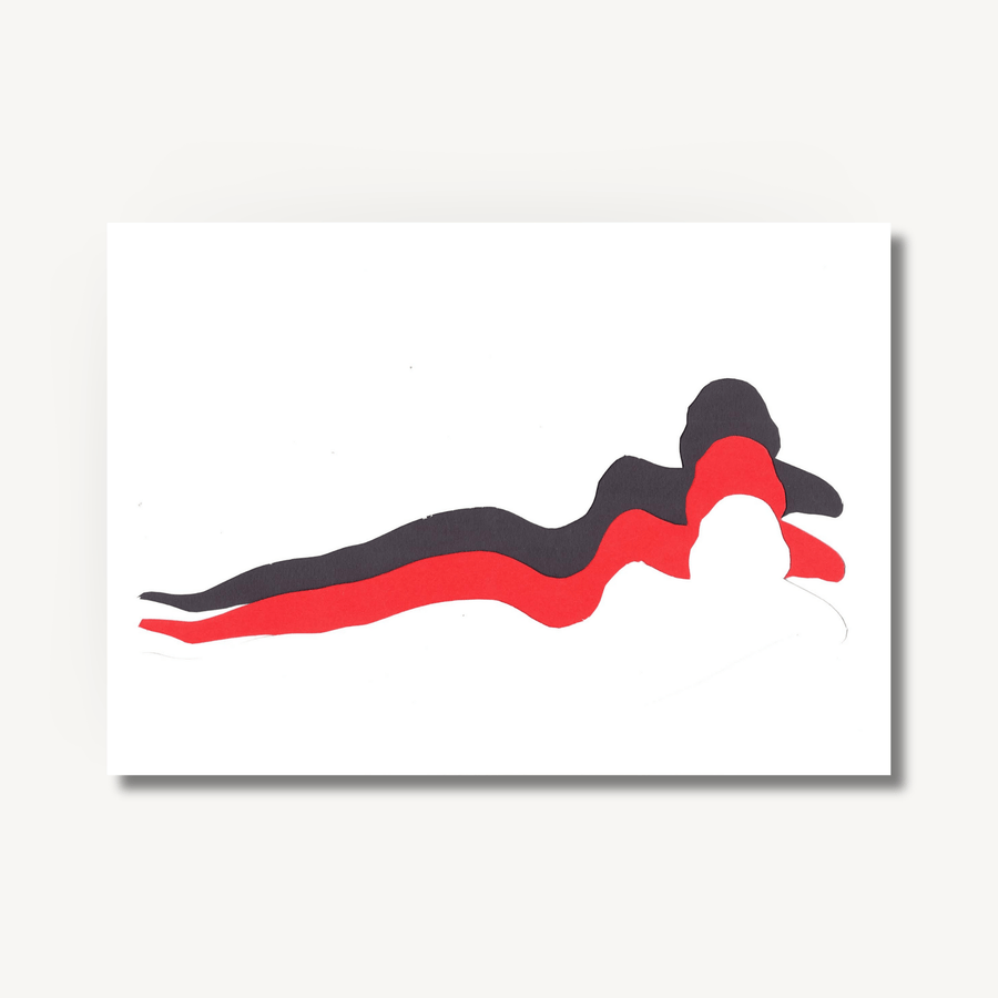 Paper collage of a woman’s figure lying down, using cut out black and red paper on a white background.