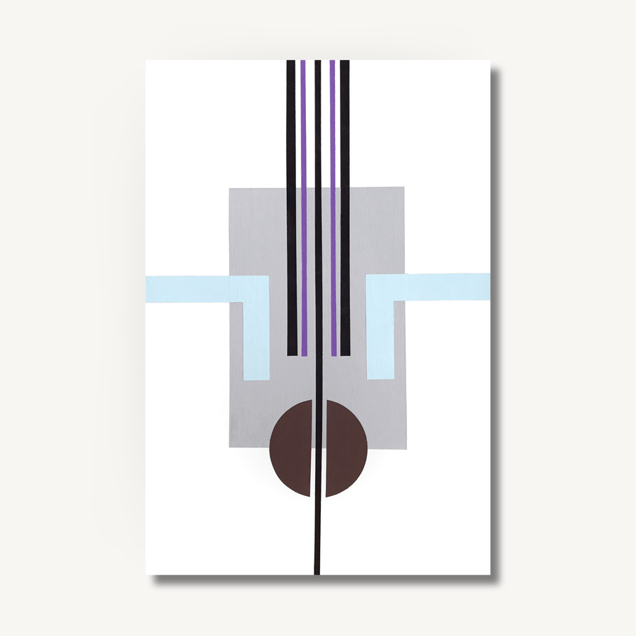 Artwork by Henriett Juhasz, is an Art Deco style painting of geometric lines and circles in white, blue, grey and purple, to evoke calmness.