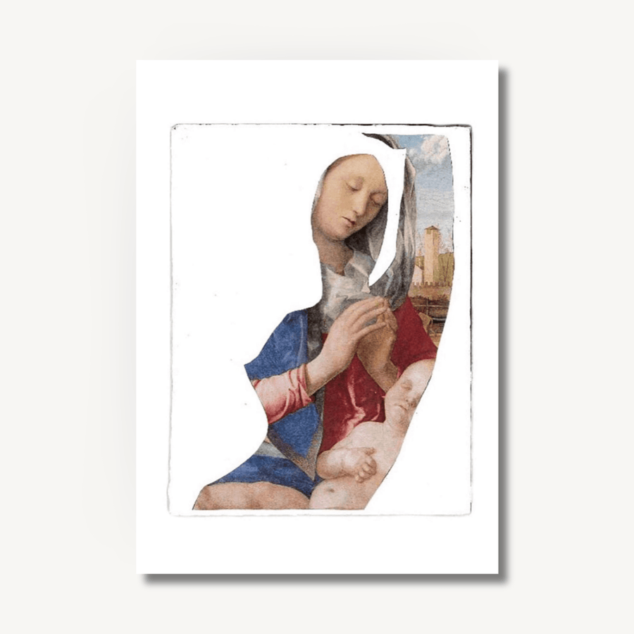 Art print of Paper Collage on Primed Wood by Mary-Ann Stuart of the Virgin Mary with baby Jesus in a Silhouette of a woman's body.