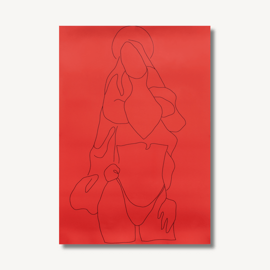 Digital line drawing poster on a red background - inspired by Velázquez’ painting, The Immaculate Conception, with a twist, depicting the Virgin Mary in a seemingly seductive pose.