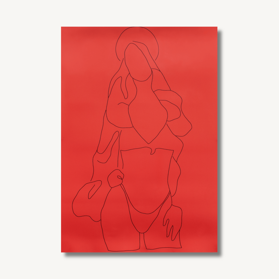 Digital line drawing poster on a red background - inspired by Velázquez’ painting, The Immaculate Conception, with a twist, depicting the Virgin Mary in a seemingly seductive pose.