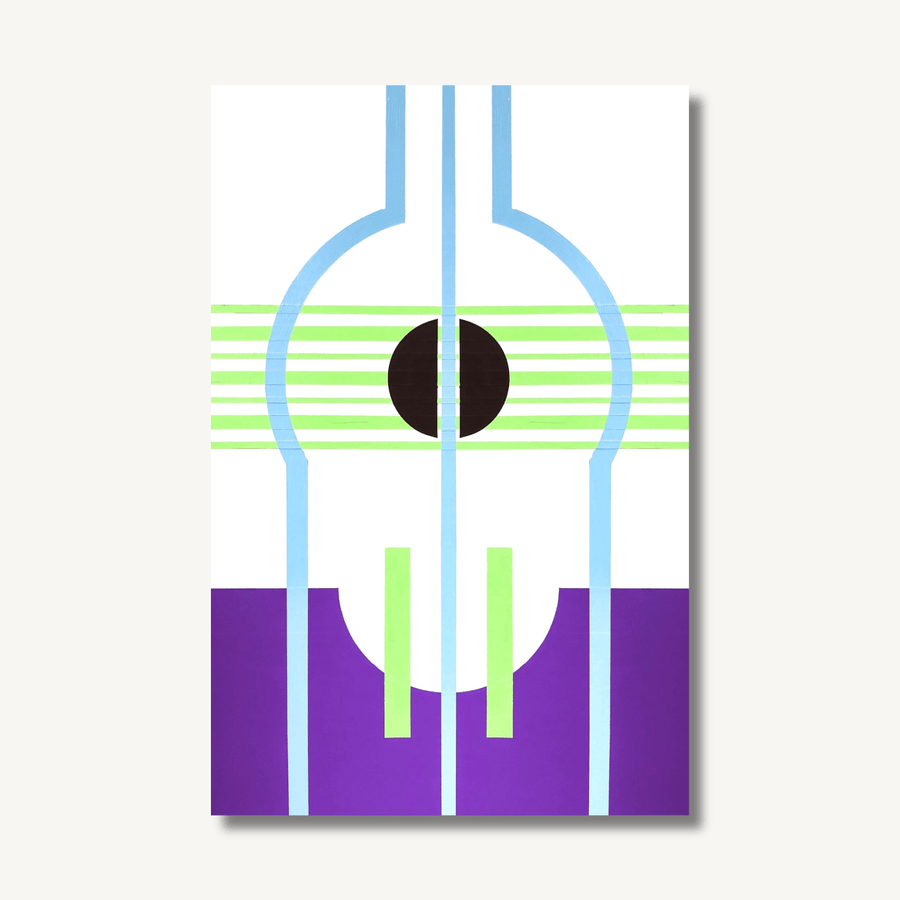 ‘Window’ by Henriett Juhasz, is an Art Deco style painting of geometric lines and circles in bold colours, inspired by Mugler’s PF20 collection.