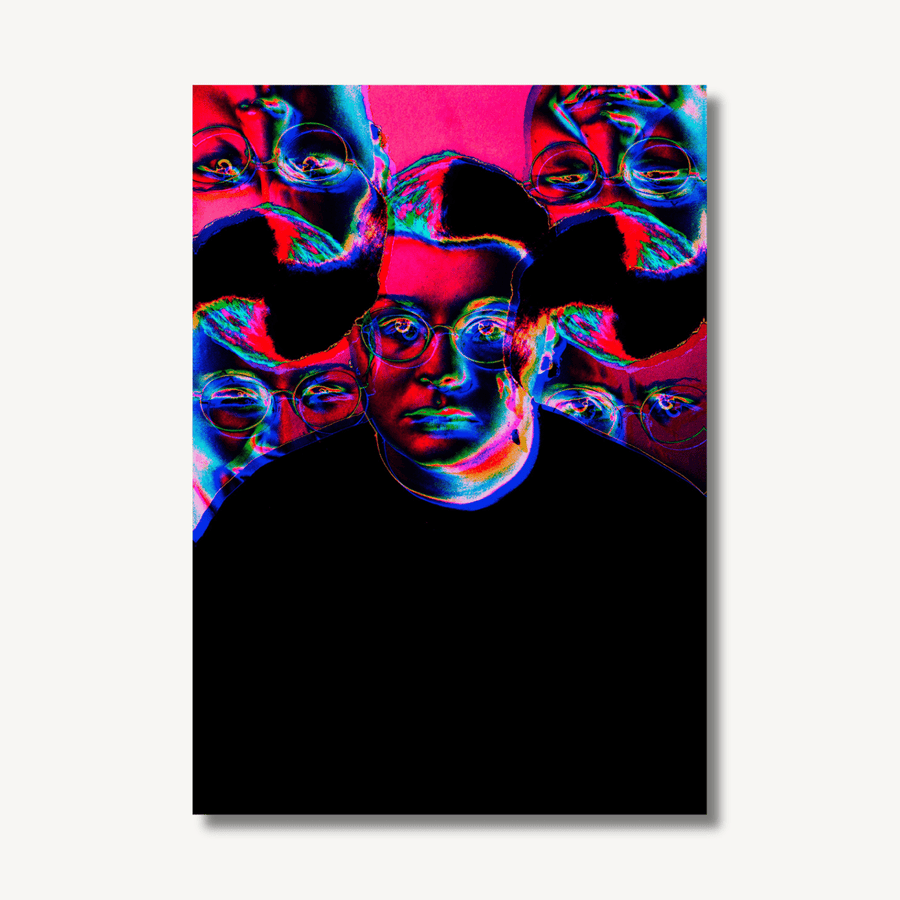 Digitally manipulated photography of a person in the middle with a straight face, and then replications of their face around them with a manic smile. This image is predominantly black, neon pink and flashes of neon light blue.
