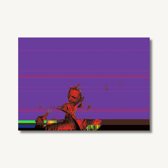 Glitch distorted photography print of a singer in a band, pixelated into a pink and purple striped background.