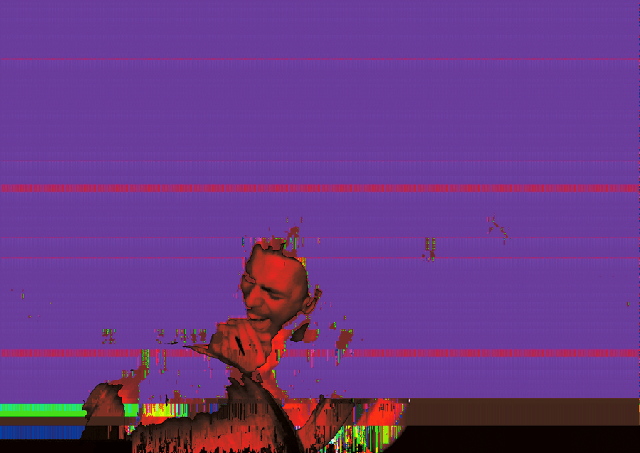 Glitch distorted photography print of a singer in a band, pixelated into a pink and purple striped background.