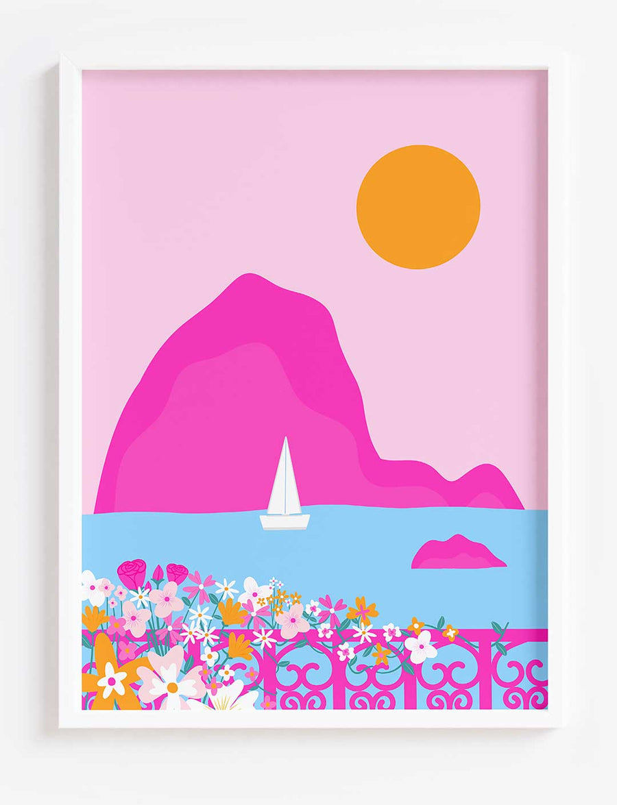 Digital painting of a pink island, viewed from a pink balcony with pink and orange flowers. There is a pale blue ocean, pink sky and orange sun.