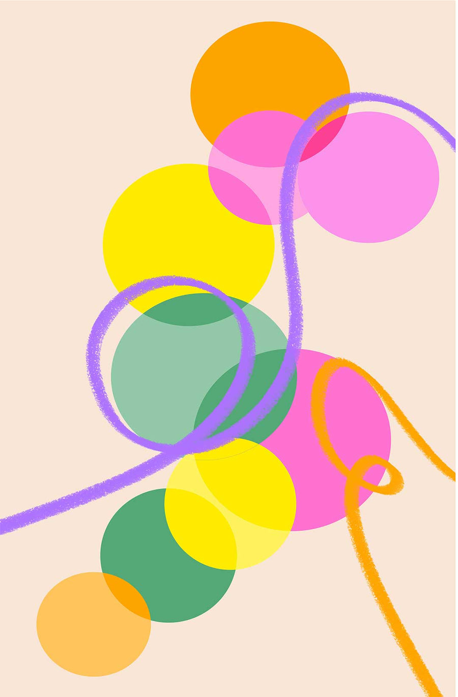 Digital painting of a pale pink background with bold colourful circles overlapping with crayon effect squiggly lines flowing through. The picture gives a feeling of playfulness and happiness.