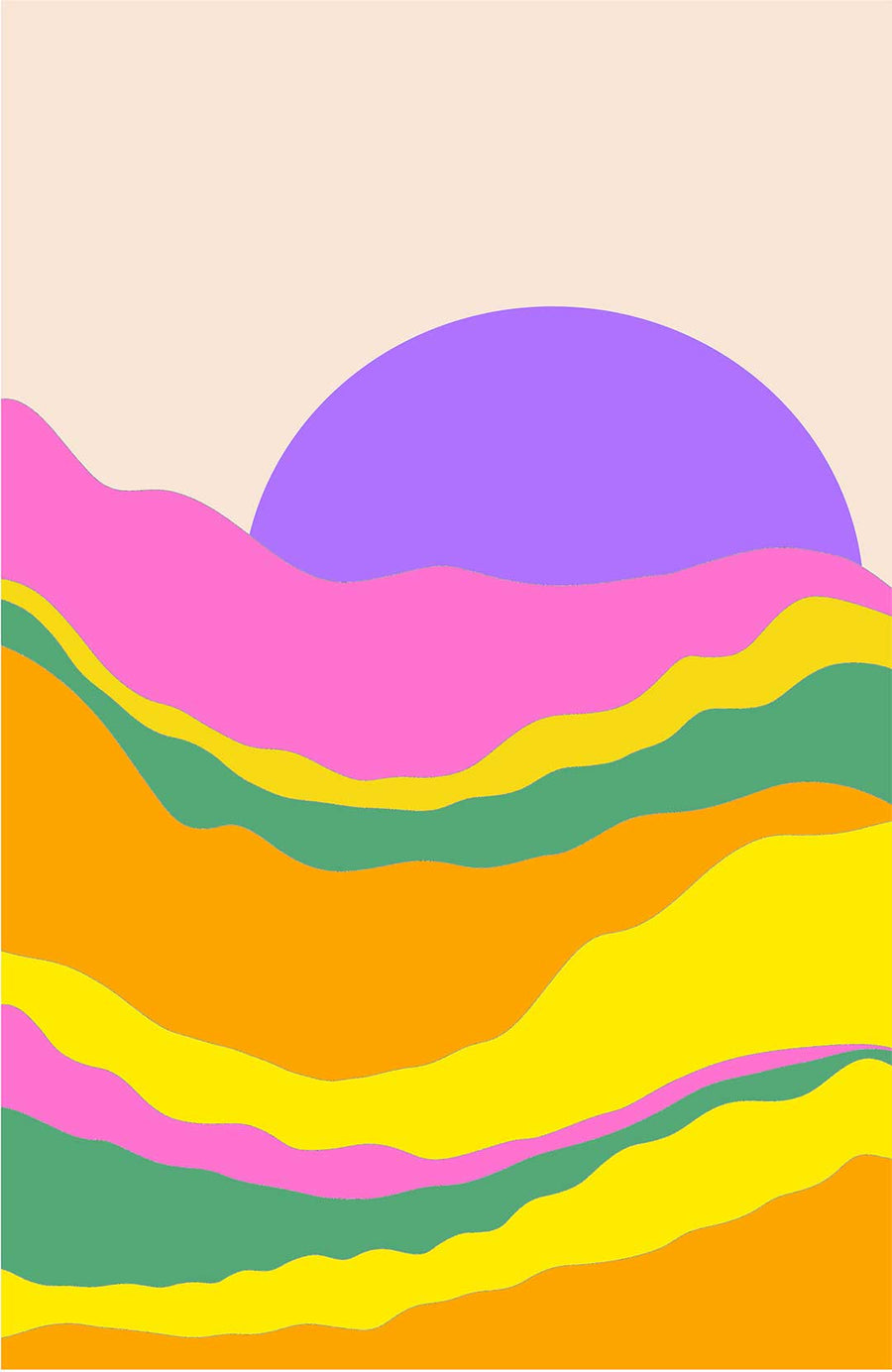 Colourful digital painting in bold, block colours and wiggly lines of pink, orange, yellow, purple and green to form what looks like a sun in the sky setting over sand dunes.