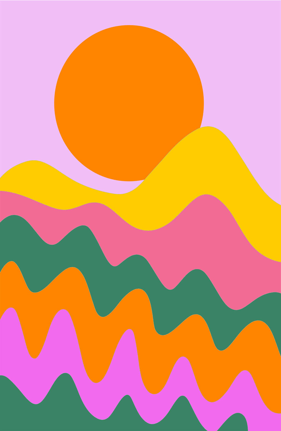 Colourful digital painting in bold, block colours of pink, orange, yellow, purple and green to form what looks like a sun in the sky with colourful waves or mountains.