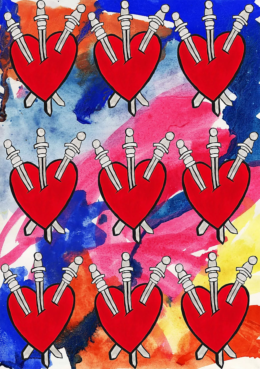 Collage art print by Esme Rose Marsh, cobalt blue, yellow. orange and pink paint splotches and coloured marker scribbles on the background, with 3 rows of 3 red hearts with 3 swords through each.