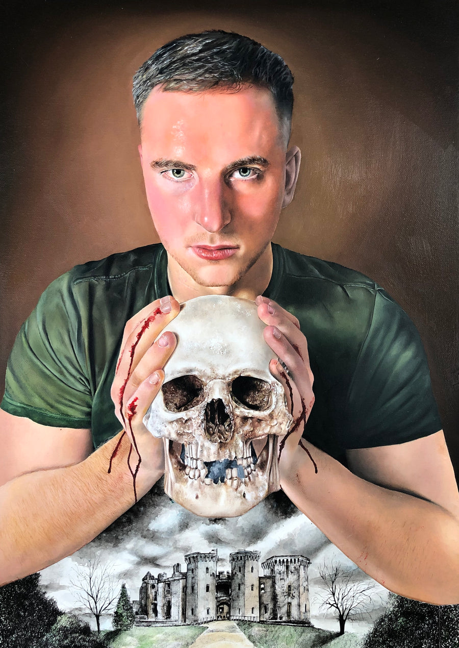 Oil painting of a man with a short haircut and wearing a green t-shirt, holding a skull, with blood dripping from his hands, with a castle beneath.
