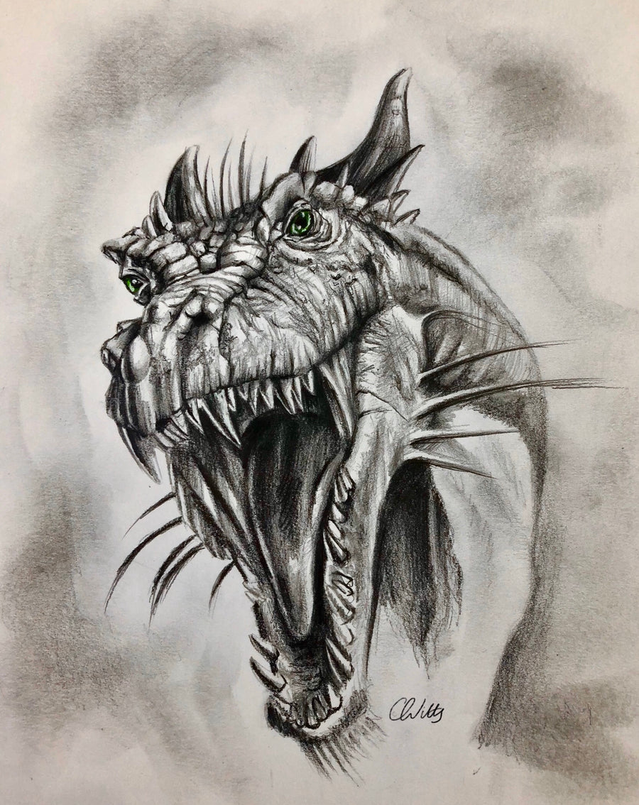 Detailed charcoal drawing of a dragon’s head with mouth open - looking menacing.
