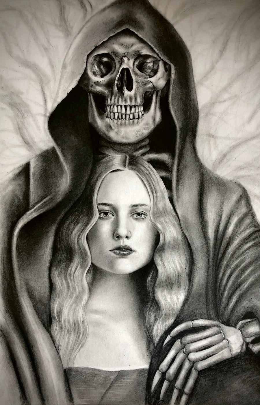 Charcoal drawing of a death - with a skull face and a long black cloak, with their hand on the shoulder of a young woman with blonde hair.