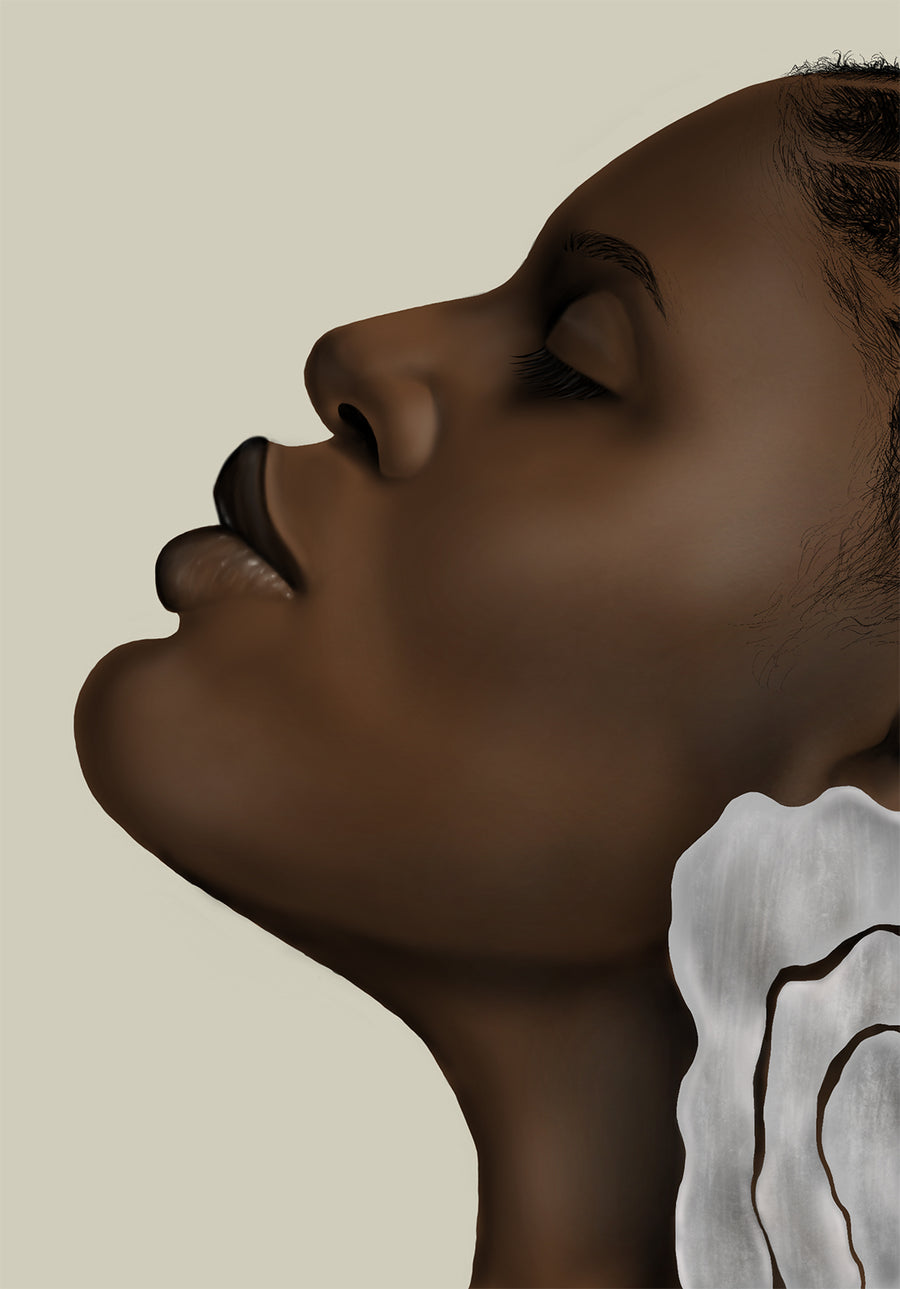 Beautiful digital painting of a black woman holding her head up with a proud and confident expression and wearing large earrings.