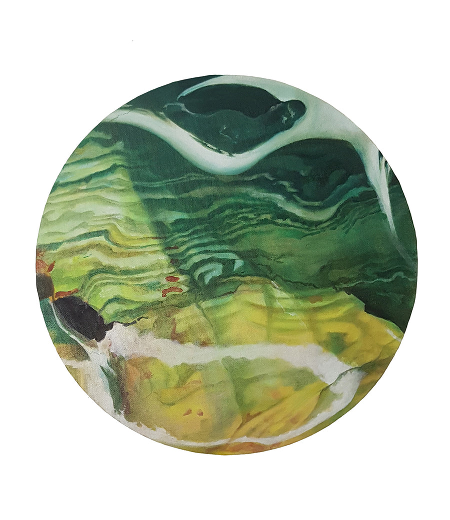 Laguna is an oil painting on a circle canvas of a close up of a vividly coloured piece of petrified wood. 