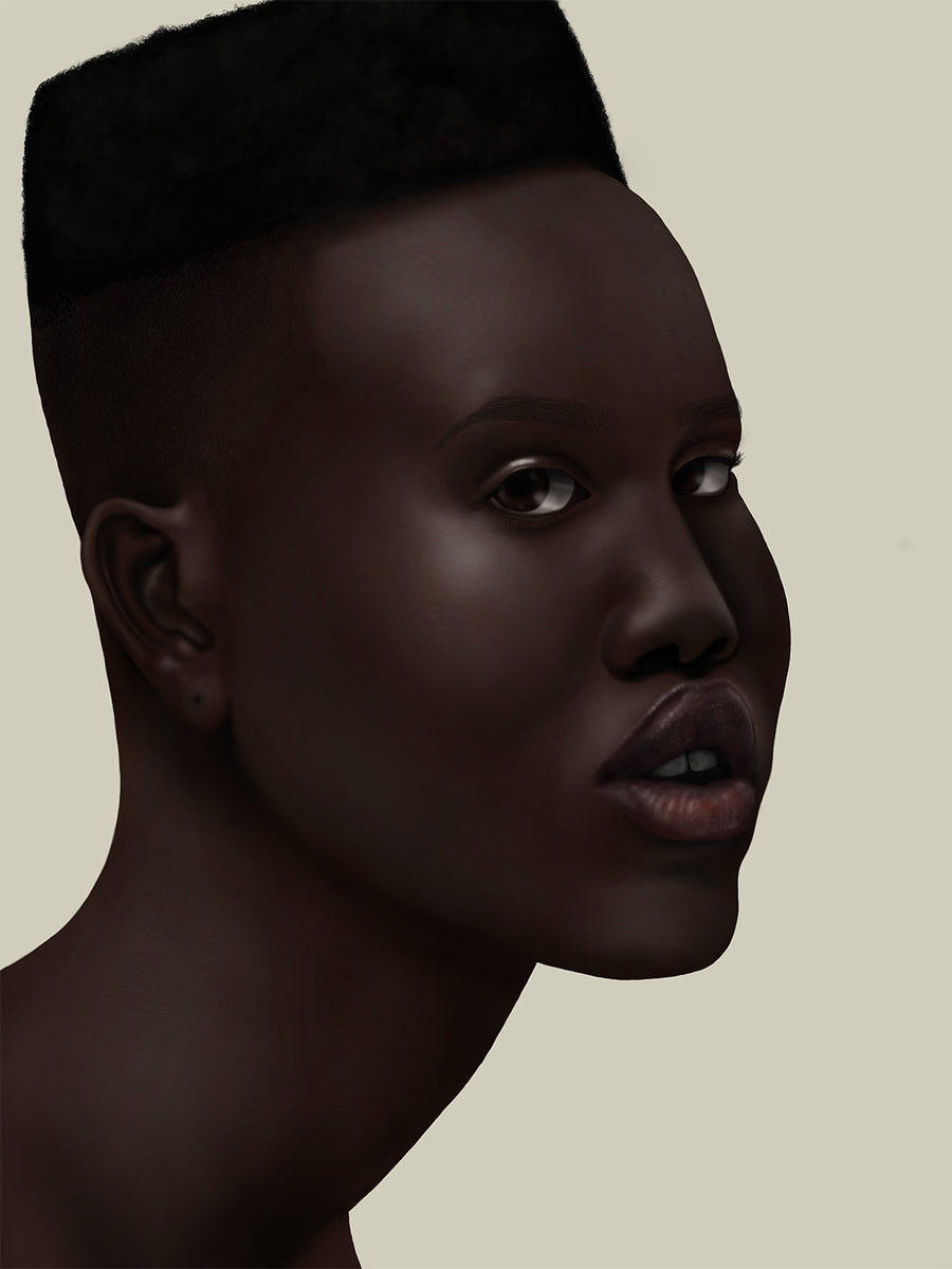 Digital painting of beautiful dark skinned black woman with short hair.