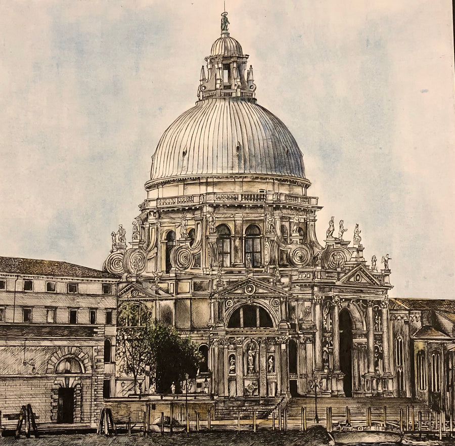 Detailed in ink drawing of Santa Maria della Salute in Venice, Italy, with a light watercolour wash to add vibrancy.