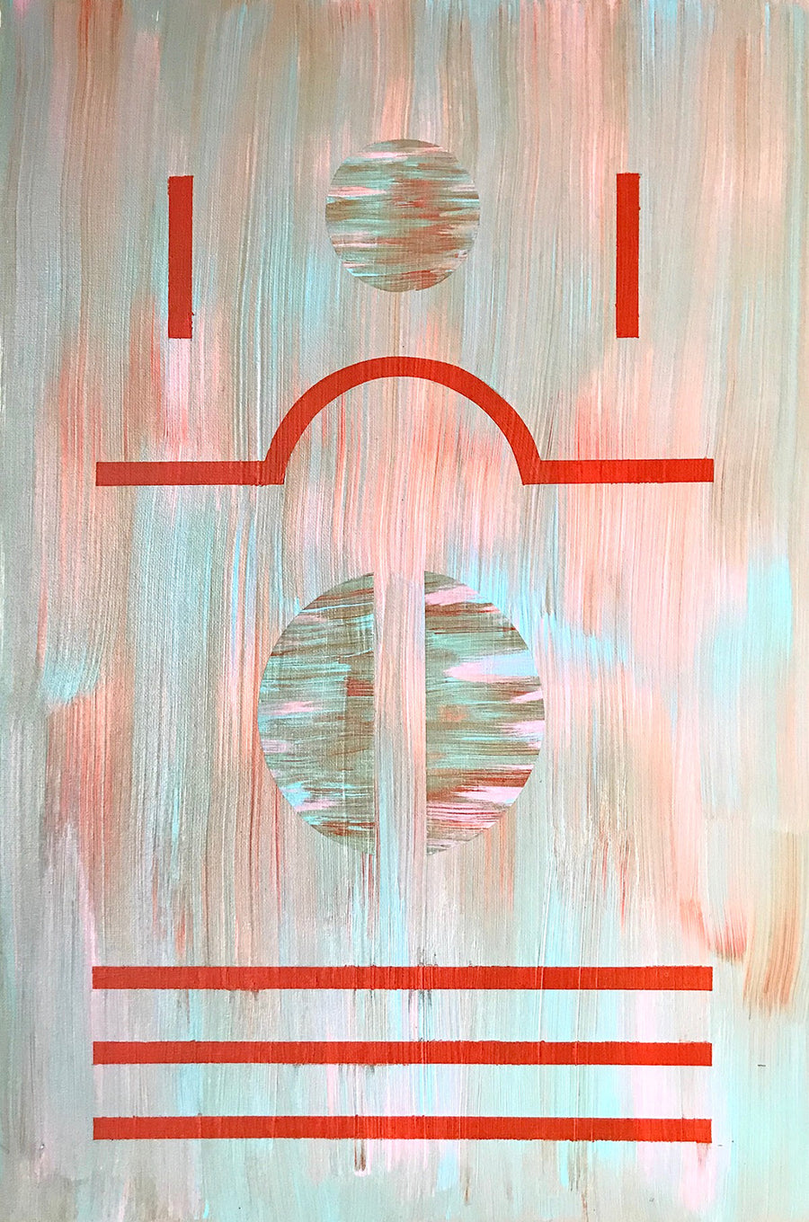 ‘Spin’ by Henriett Juhasz, is an Art Deco style painting of red, geometric lines and circles in a blur of pastel baby blue and pink.