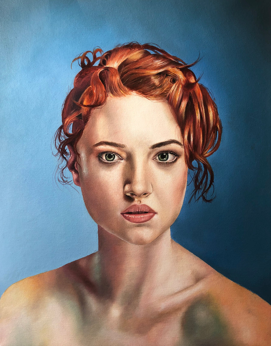 Oil painting of a young white woman with plaited red hair, with bare shoulders and décolletage, against a blue background.