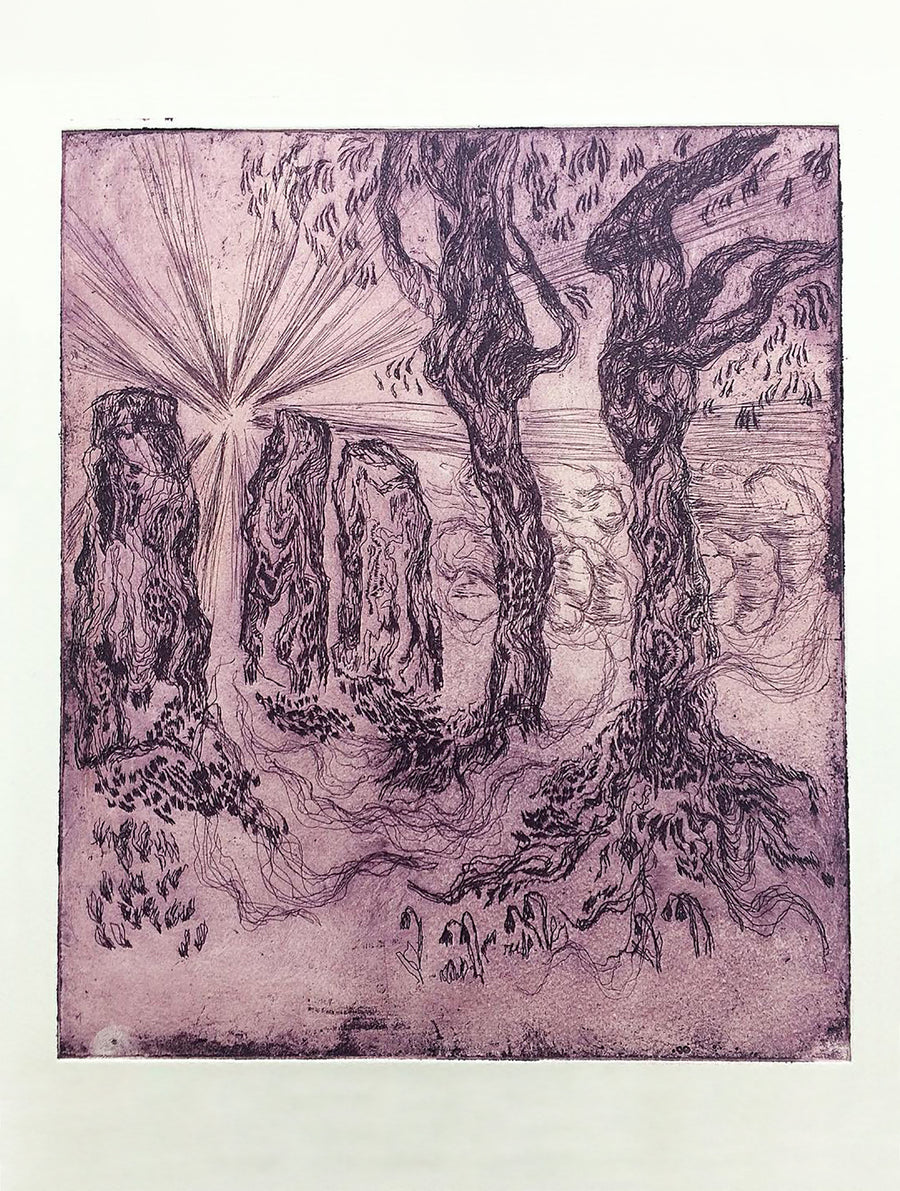 Purple dry point etching of a story about a man who goes on a pilgrimage to Stonehenge. In this etching, the sun rise is shining through the rocks at Stonehenge and there are 2 trees to the side.