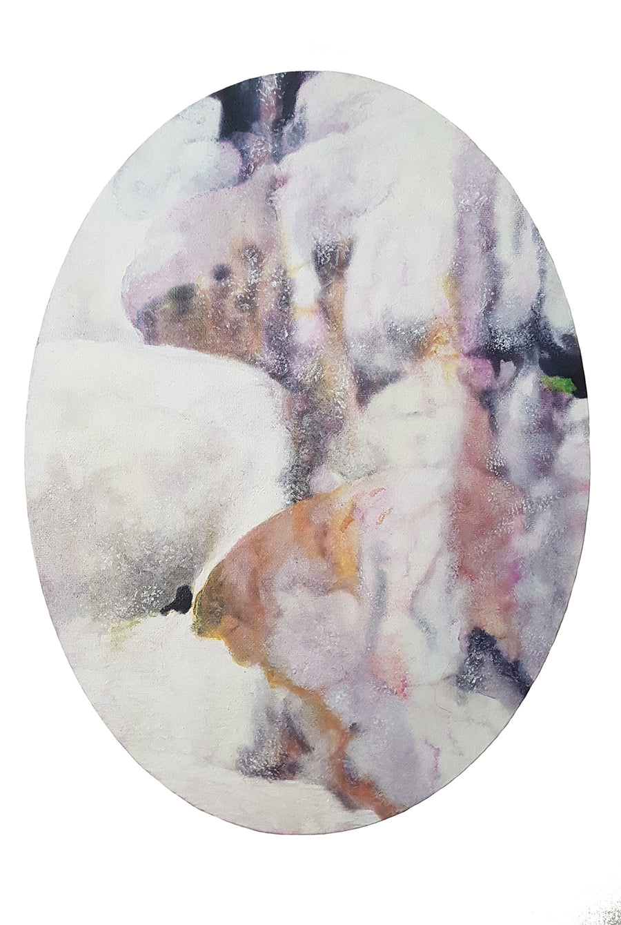 An abstract oil painting on a small oval canvas of the calcified waterfall and hot springs at Bagni San Filippo, Italy. Depicting a solid white cascade that resembles snow or ice in form, streaked with peach and pink.