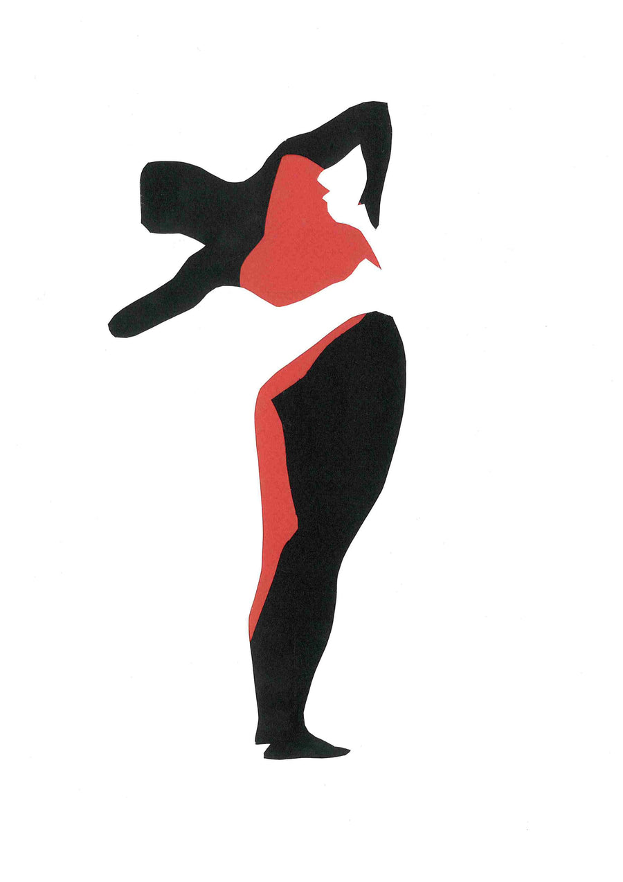 Paper collage of a woman’s figure, using cut out black and red paper on a white background.