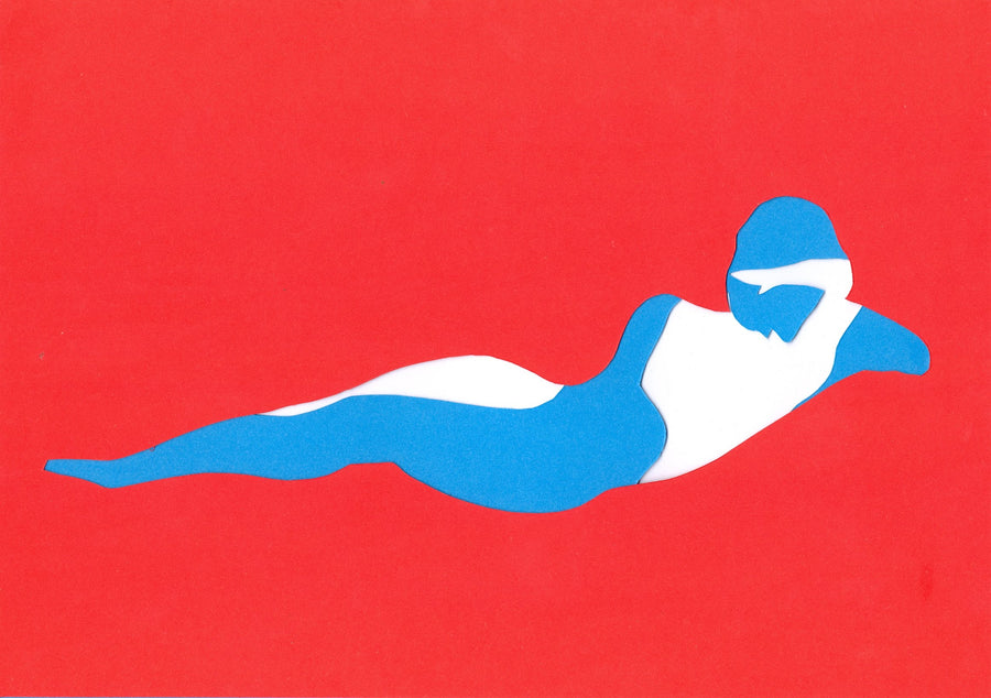 Paper collage of a woman’s figure, using cut out blue and white paper on a red background.