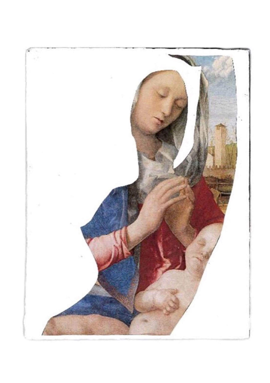 Art print of Paper Collage on Primed Wood by Mary-Ann Stuart of the Virgin Mary with baby Jesus in a Silhouette of a woman's body.