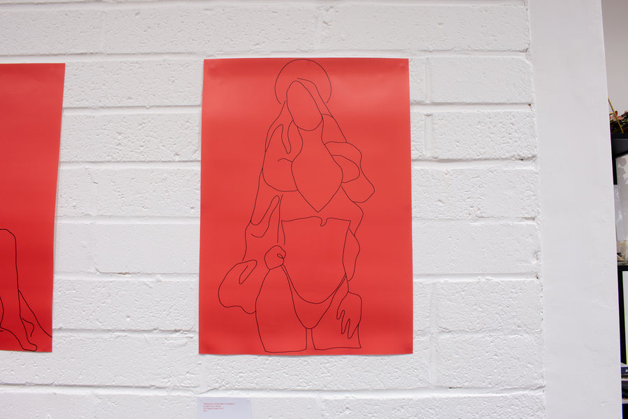 Velázquez’ Immaculate Conception, digital line drawing poster by Mary-Ann Stuart, on a white wall in an art exhibition.