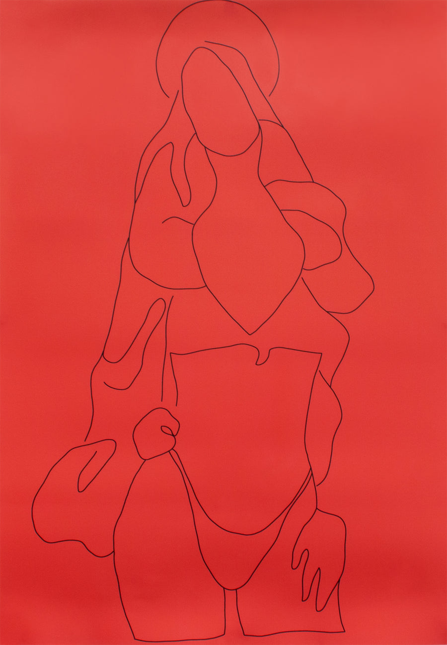 Digital line drawing poster on a red background - inspired by Velázquez’ painting, The Immaculate Conception, with a twist, depicting the Virgin Mary in a seemingly seductive pose.