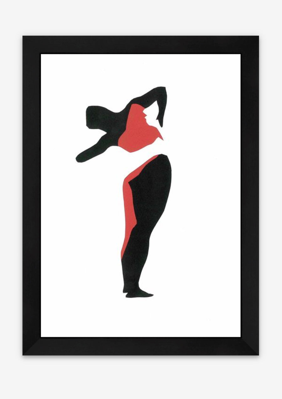 Paper collage of a woman’s figure, using cut out black and red paper on a white background. In a black frame.