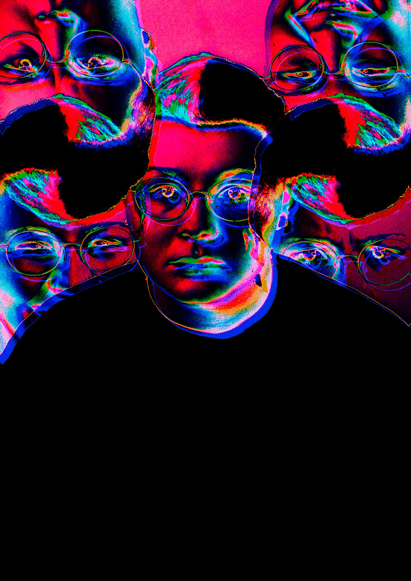 Digitally manipulated photography of a person in the middle with a straight face, and then replications of their face around them with a manic smile. This image is predominantly black, neon pink and flashes of neon light blue.Digitally manipulated photography of a person in the middle with a straight face, and then replications of their face around them with a manic smile. This image is predominantly black, neon pink and flashes of neon light blue.
