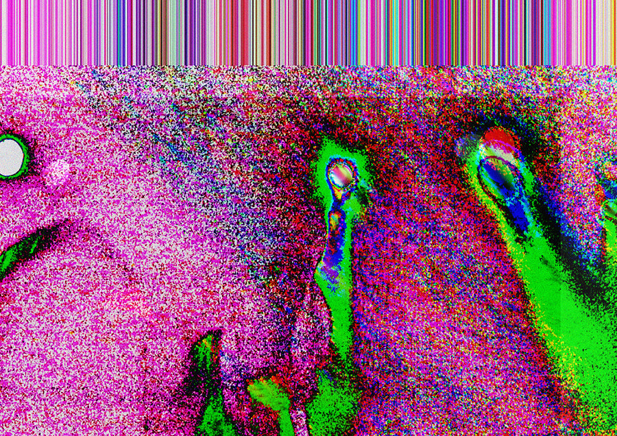  Glitch distorted abstract photography print in neon pink and lime green.